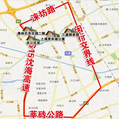 松江九亭板块东临嘉闵高架,西临g15沈海高速,南临莘砖公路,北临涞坊路